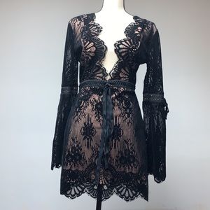 fitted lace wedding dress Annora Long Sleeve Lace Mini Dress | Black | Womens main image 0